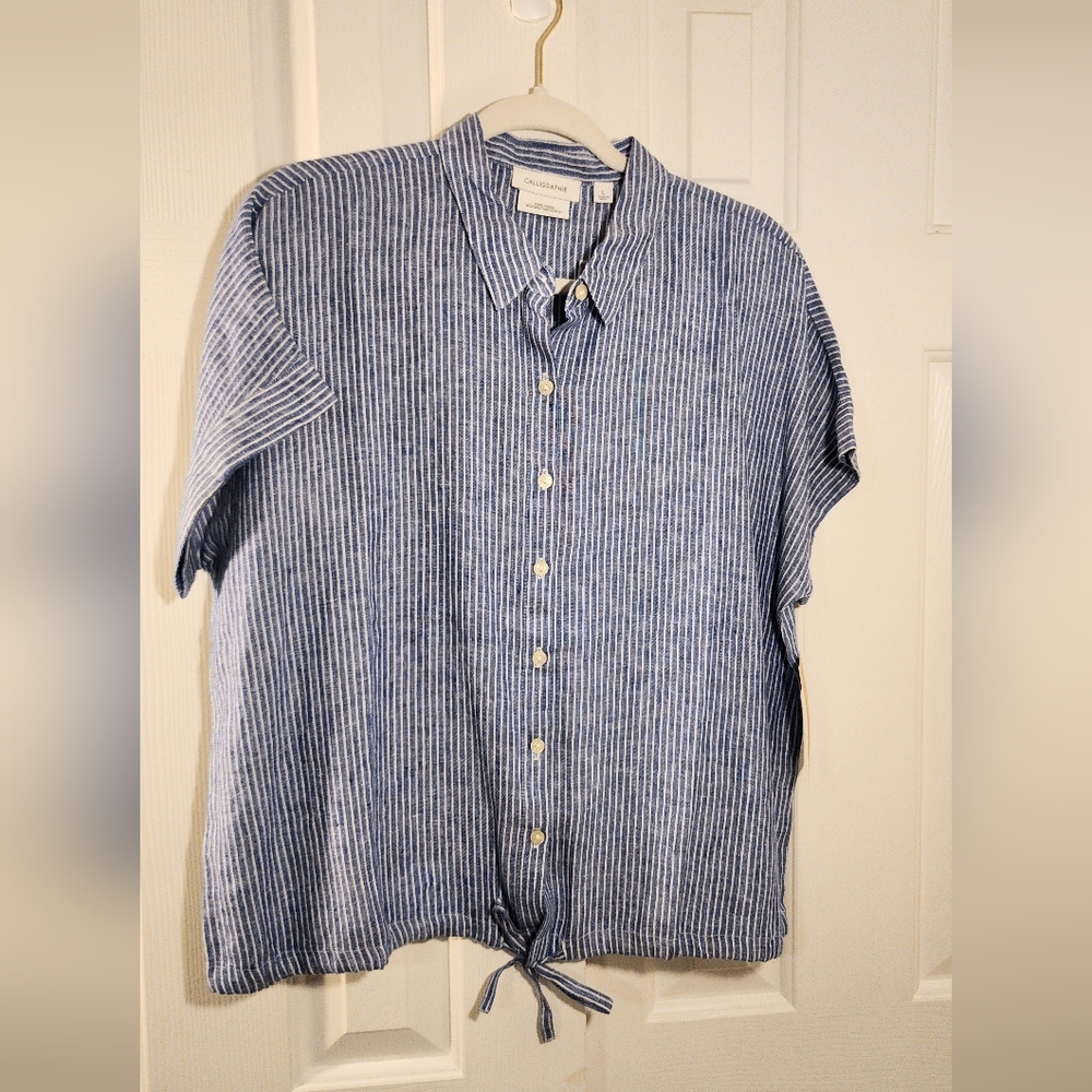 NWT Blue Striped Women's Linen Button Shirt Sz L